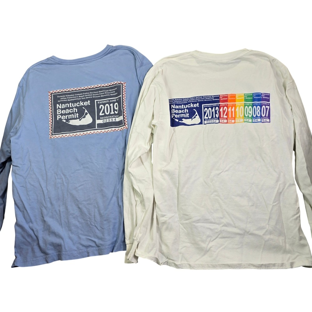 Nantucket Beach Permit Shirt Lot 2 Men L Blue White Coastal Nautical 2013 & 19